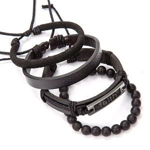 Set of four black multilayered leather and beaded bracelets with faith engraved metal plate
