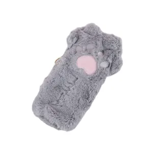 Astuccio a zampa di gatto in peluche grigio con ricamo rosa e cerniera in metallo oro