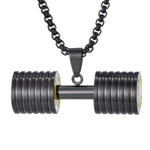 Polished black and yellow stainless steel dumbbell pendant necklace on white background