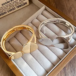 Irregular Oval Double Layer Disc Cuff Bracelet For Women Polished Alloy Minimalist Geometric Open Bangle Jewelry