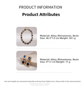 Detaillierte Maße und Gewicht von blauem Harz Kristall Gold Halskette und Ohrring Set