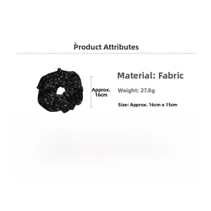 Floral fabric scrunchie detail with dimensions 16x15cm and 27.8g weight specifications