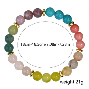Detail of 8mm natural stone beaded bracelet showing colorful gradient beads and dimensions