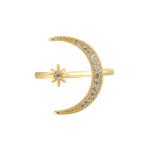 Elegant gold celestial open ring with cubic zirconia crescent moon and star design