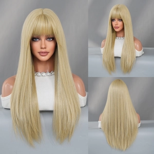 Vues multiples de la perruque synthétique blonde cendrée longue et lisse avec frange