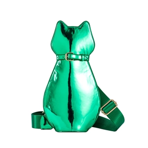 Detail of green metallic cat crossbody bag with adjustable nylon strap and glossy finish