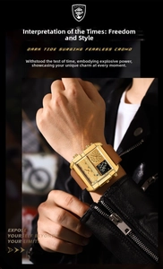Men's gold square dual display watch with brown leather strap worn on wrist