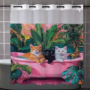 Detail of creative cat illustration in bathtub on shower curtain with metal grommets