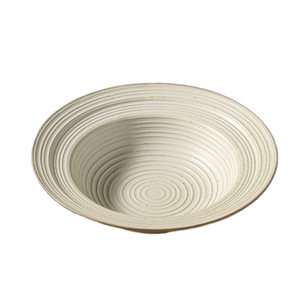 Handcrafted Japanese stoneware pasta bowl with spiral texture and rustic brown spots
