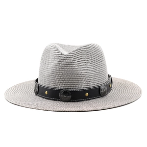 Unisex grey straw Panama hat with black leather band and vintage sunflower metal buckle