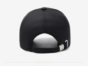 Rear view of black baseball cap showing adjustable strap and silver metal buckle detail