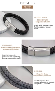 Close-up of double-layer braided leather bracelet with polished magnetic steel clasp