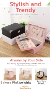 Dual-layer PU leather jewelry organizer with ring slots and hooks in three colors