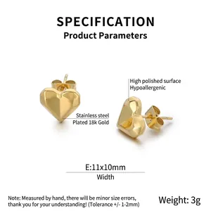 Minimalist gold heart stud earrings in stainless steel with 3D geometric cut design