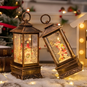 Christmas Snow Globe Lantern Vintage Bronze PVC LED Warm Light Sparkling Glitter Liquid Holiday Tabletop Decoration Gift