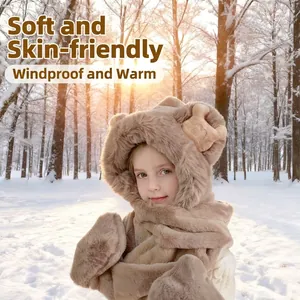 Kids Plush Faux Fur Hooded Scarf And Pocket Gloves Cartoon Bear Ear Warm Thick Windproof Winter Accessory For Girls Boys