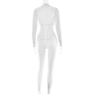 Rear view of white long-sleeve bodysuit featuring elastic fabric and slimming seam lines