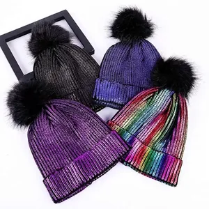 Winter Beanie Hat For Women Metallic Glitter Knitted Thermal Pullover With Faux Fur Pom Pom Retro Shiny Outdoor Accessories