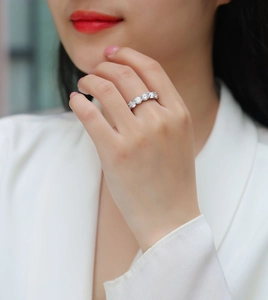 Detail view of 925 silver moissanite band ring featuring five clear round cut diamonds