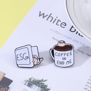 Creative enamel pin set featuring ESC key and COFFEE OR END ME coffee cup designs