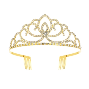 Golden bridal tiara with sparkling crystals and integrated hair combs for styling