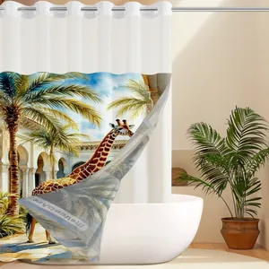 Detail of waffle shower curtain with giraffe print and reinforced metal grommets