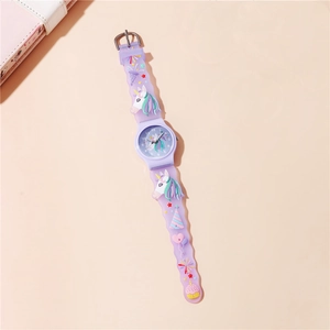 Detail of purple unicorn kids watch with 3D silicone strap and soft wave pattern