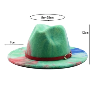 Front view of green tie-dye fedora showing 12cm height and 7cm wide brim dimensions