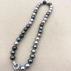 Detailed macro view of multicolor Tahitian pearls with a sparkling S925 diamond clasp