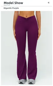 Front view of high-waisted deep purple yoga flare pants with V-shaped pleated waistband