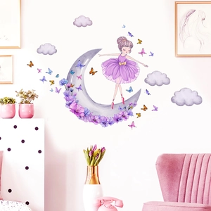 Ballerina girl wall sticker with crescent moon flowers and butterflies for nursery decor