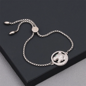 Bracelet tête de léopard en argent avec cristaux brillants et chaîne réglable coulissante