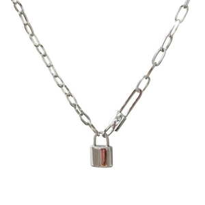 Minimalist silver padlock necklace with a stylish paperclip chain on a white background
