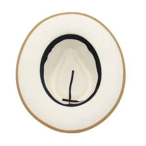 Detail of fedora hat interior showing black sweatband and adjustable drawstring