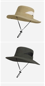 Detail of outdoor sun hat featuring side mesh vents and adjustable windproof chin strap