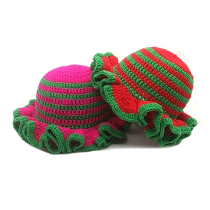 Crochet Bucket Hat Handmade Knitted Striped Ruffle Brim Wavy Edge Acrylic Winter Warm Contrast Color Fashion Headwear
