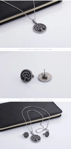 Detailed view of vintage tree of life stainless steel coin pendant necklace and earrings set