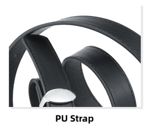 Close-up of black PU leather belt strap showing fine stitching and silver metal buckle