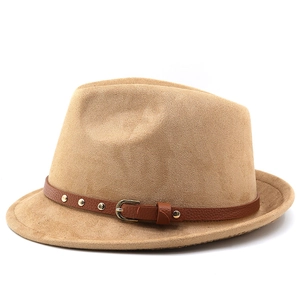Close-up of khaki suede fedora hat featuring a leather belt with golden metal rivets
