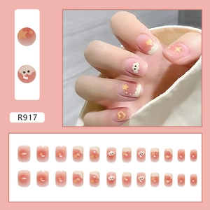 Cute blush cloud and star press-on nails set with 24 pieces of sweet pink gradient tips