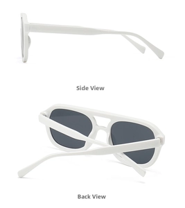 Detail view showing side and back profiles of white frame square flat top sunglasses