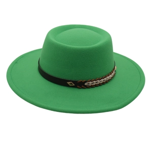 Detail of green wool felt fedora featuring black leather band with metallic buckle