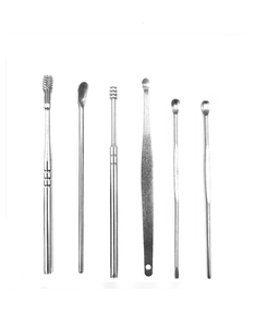 6-piece stainless steel earwax removal tool set with spiral and scoop heads on white background