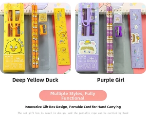 5-in-1 stationery gift set showing HB pencils, ruler, eraser and sharpener in gift box