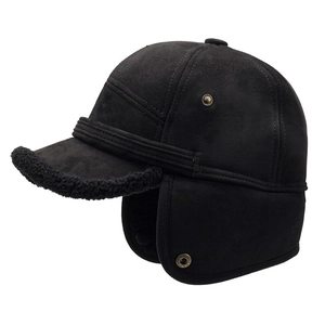 Winter thermal bomber hat for men in black faux suede with cozy fleece lining and ear flaps