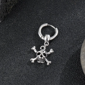 Punk style stainless steel hoop earring with skull and crossbones charm in silver finish