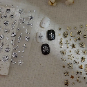 3D metallic gold and silver nail stickers with star, moon and heart relief patterns