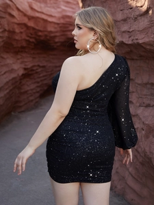 Plus size black one-shoulder mini party dress with glitter fabric and ruched detail