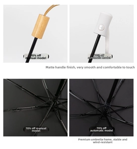 Detail view of manual wood handle and automatic button handle on reinforced cat umbrella