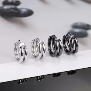 Minimalist double-loop hoop earrings for men in polished silver and black finishes